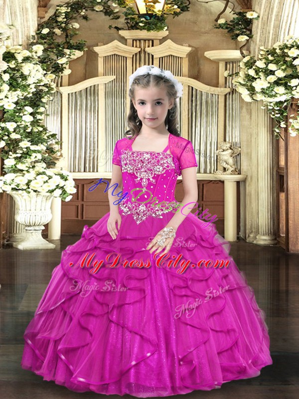 Wonderful Fuchsia Lace Up Straps Beading Little Girls Pageant Gowns Tulle Sleeveless