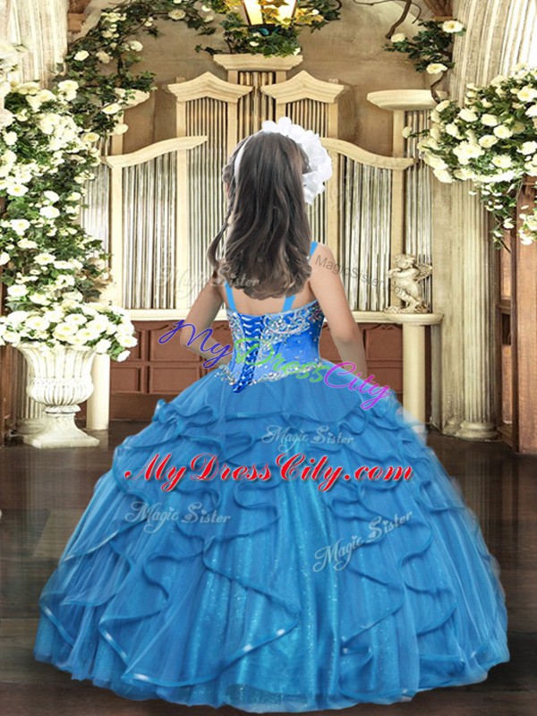 Wonderful Fuchsia Lace Up Straps Beading Little Girls Pageant Gowns Tulle Sleeveless