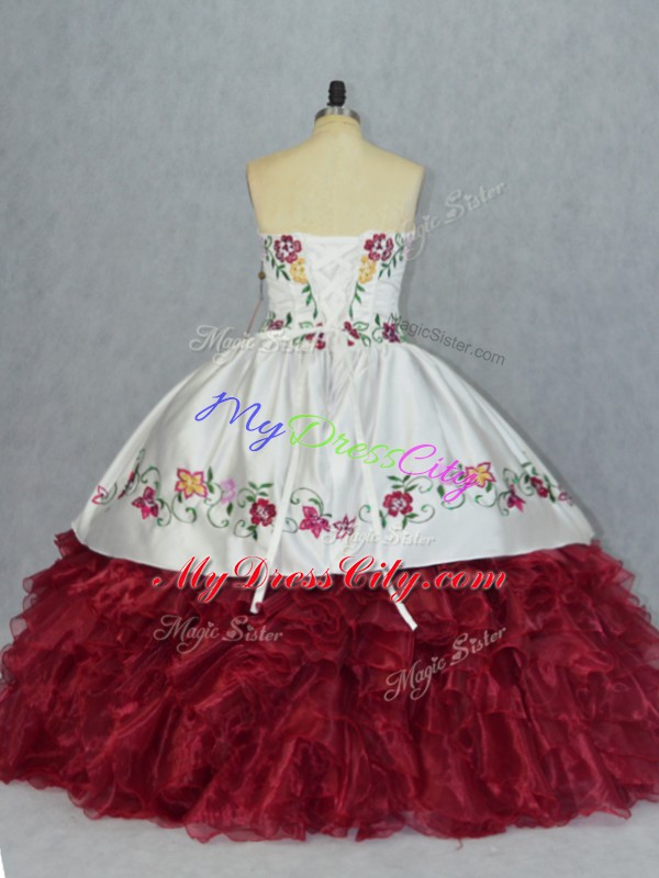 Sumptuous Floor Length White And Red Ball Gown Prom Dress Organza Sleeveless Embroidery and Ruffles
