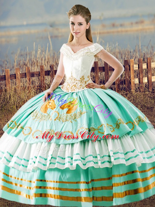 Apple Green Lace Up Quinceanera Dress Embroidery and Ruffled Layers Sleeveless Floor Length