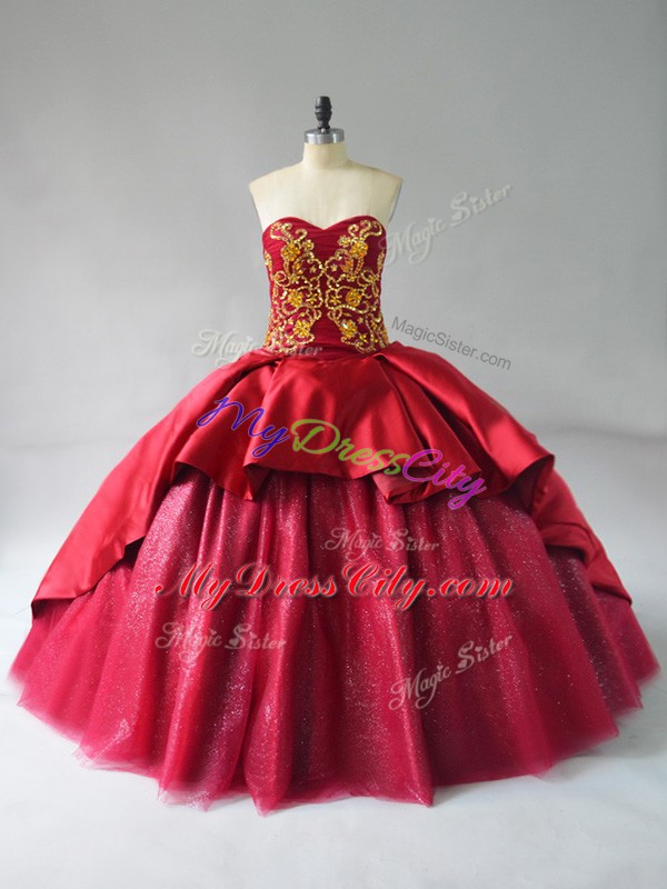 Court Train Ball Gowns Quinceanera Gowns Wine Red Sweetheart Satin and Tulle Sleeveless Lace Up