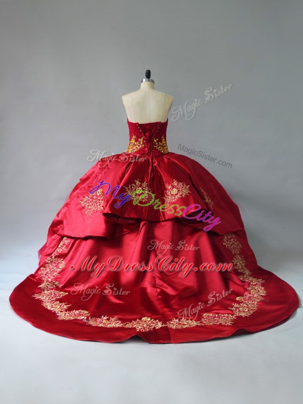 Court Train Ball Gowns Quinceanera Gowns Wine Red Sweetheart Satin and Tulle Sleeveless Lace Up