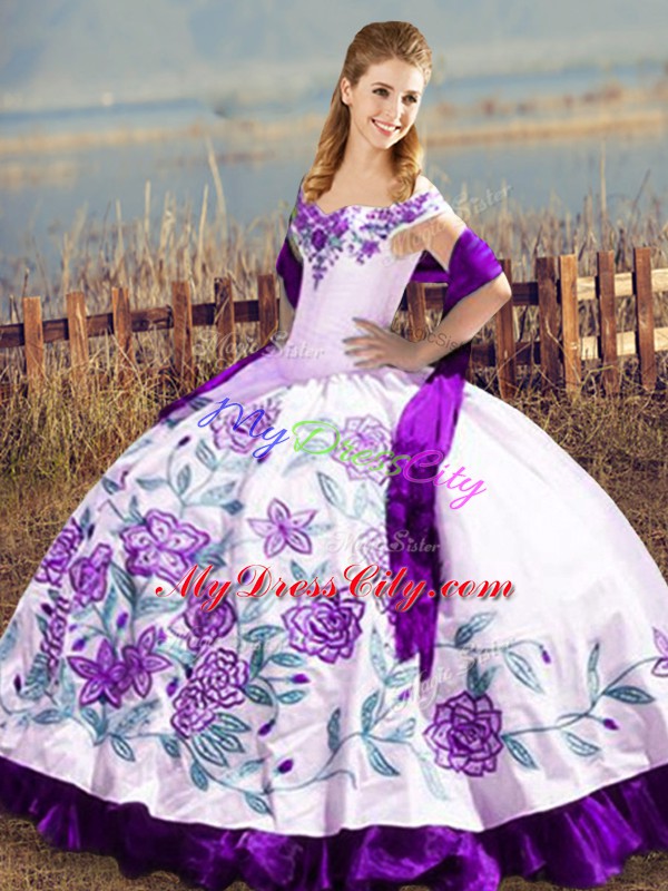 White And Purple Sleeveless Embroidery and Ruffles Floor Length 15 Quinceanera Dress