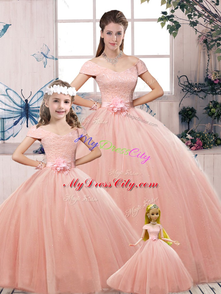 Amazing Pink Lace Up Off The Shoulder Lace and Hand Made Flower 15th Birthday Dress Tulle Short Sleeves