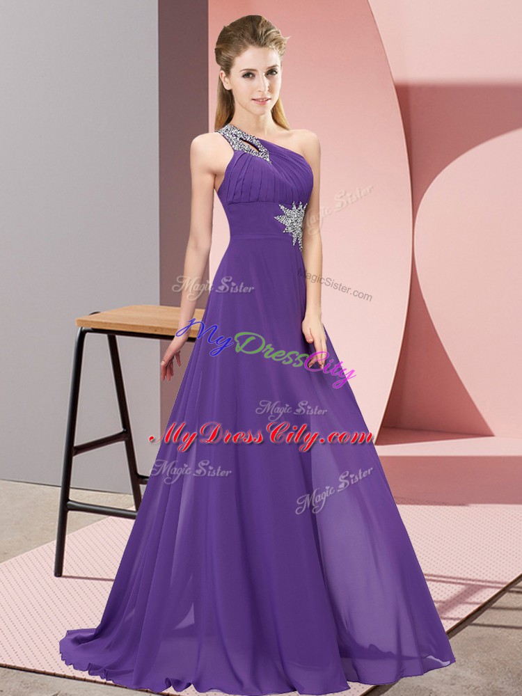 Fashionable Purple Empire One Shoulder Sleeveless Chiffon Floor Length Lace Up Beading Homecoming Dress