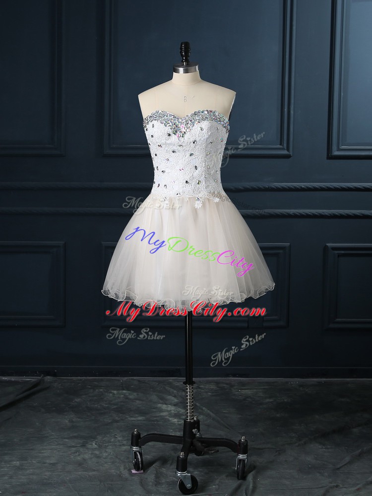Sleeveless Lace Up Mini Length Beading and Lace Wedding Dress
