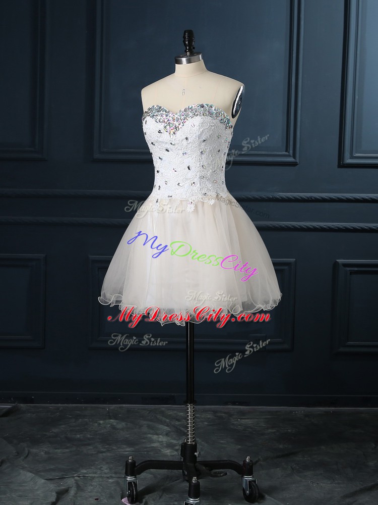 Sleeveless Lace Up Mini Length Beading and Lace Wedding Dress