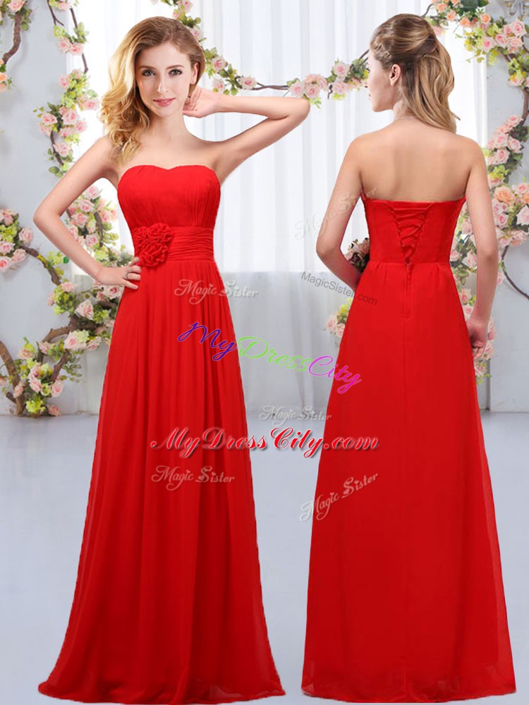 Custom Made Red Sleeveless Floor Length Hand Made Flower Lace Up Bridesmaid Dress