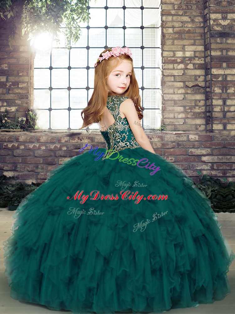 Teal Tulle Lace Up Straps Sleeveless Floor Length Girls Pageant Dresses Beading and Ruffles