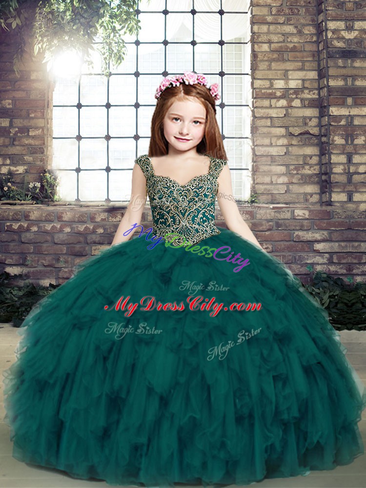 Teal Tulle Lace Up Straps Sleeveless Floor Length Girls Pageant Dresses Beading and Ruffles