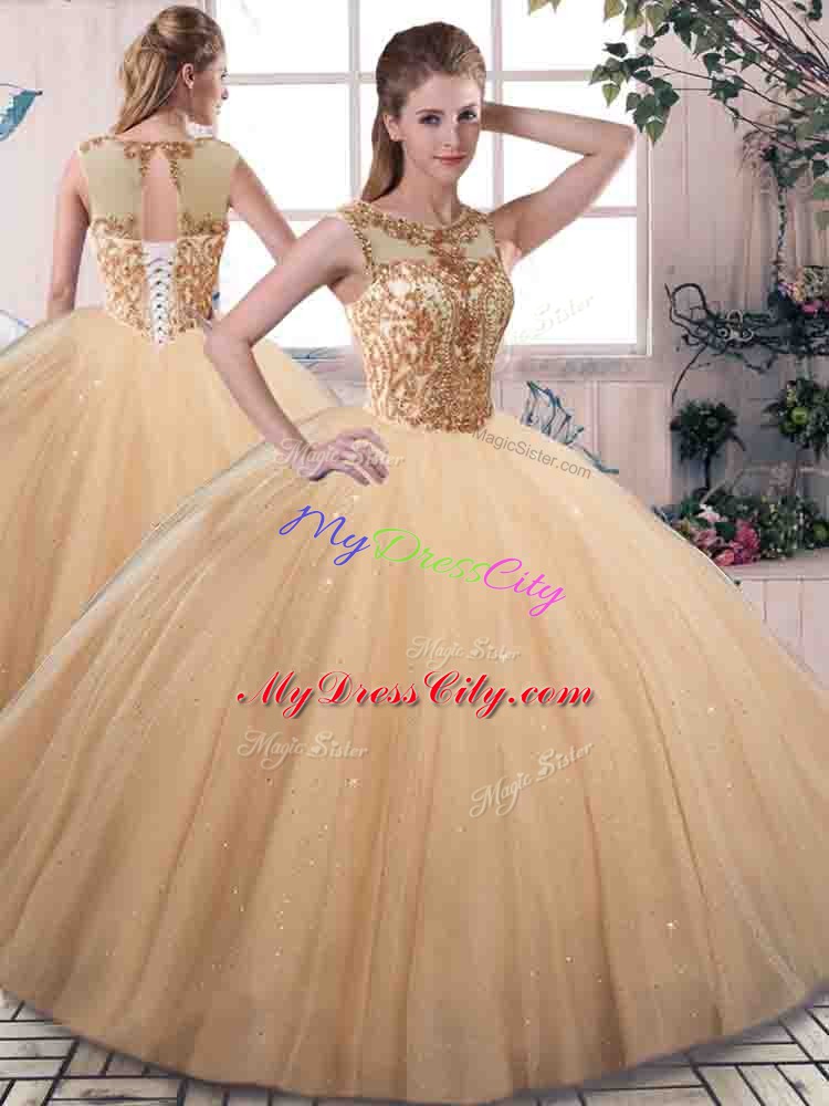 Lovely Gold Sleeveless Floor Length Beading Lace Up Quince Ball Gowns