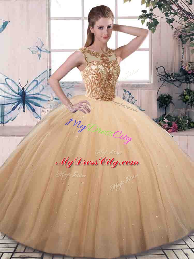 Lovely Gold Sleeveless Floor Length Beading Lace Up Quince Ball Gowns