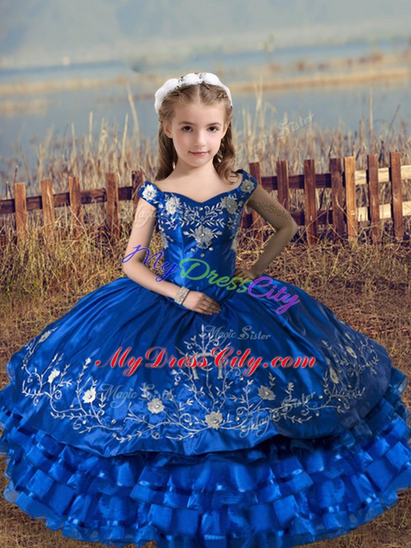 Off The Shoulder Sleeveless Little Girls Pageant Gowns Floor Length Embroidery and Ruffled Layers Royal Blue Satin and Organza