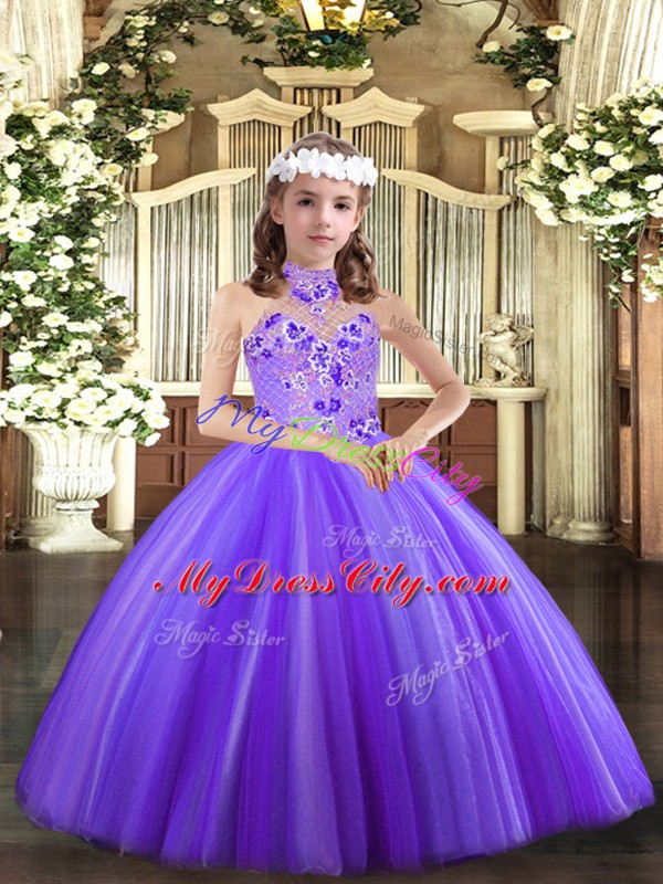 Tulle Halter Top Sleeveless Lace Up Appliques Little Girls Pageant Dress in Lavender