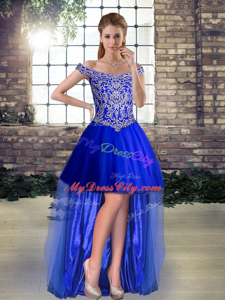 Designer High Low Lace Up Teens Party Dress Royal Blue for Prom and Party with Beading