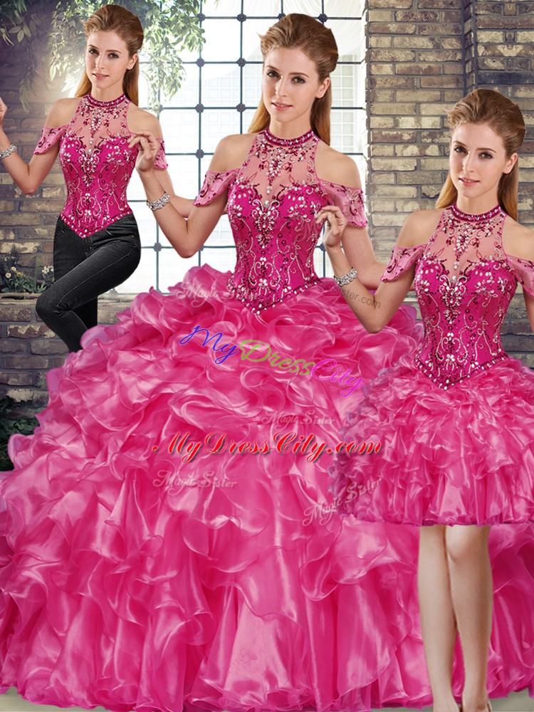 Modest Fuchsia Three Pieces Organza Halter Top Sleeveless Beading and Ruffles Floor Length Lace Up Sweet 16 Dress