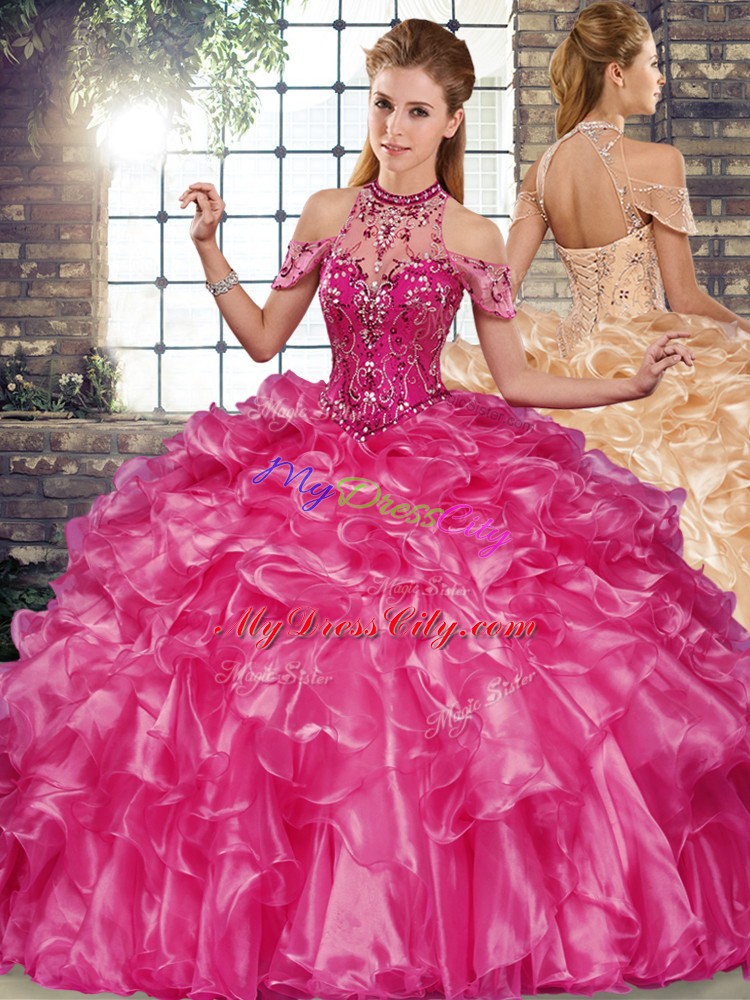 Modest Fuchsia Three Pieces Organza Halter Top Sleeveless Beading and Ruffles Floor Length Lace Up Sweet 16 Dress