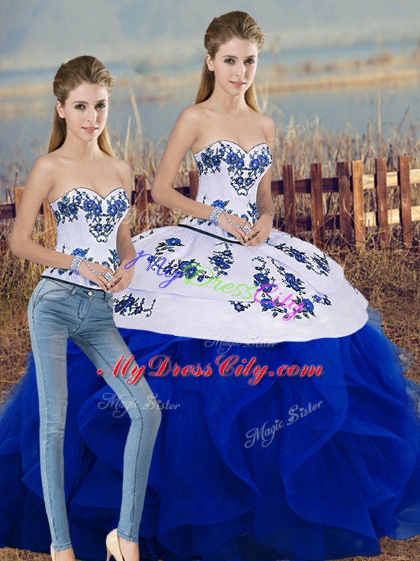 Floor Length Royal Blue Quinceanera Gowns Sweetheart Sleeveless Lace Up