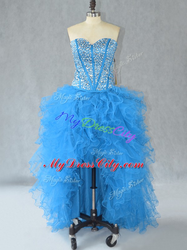 Aqua Blue A-line Beading and Ruffles Prom Party Dress Lace Up Organza Sleeveless High Low