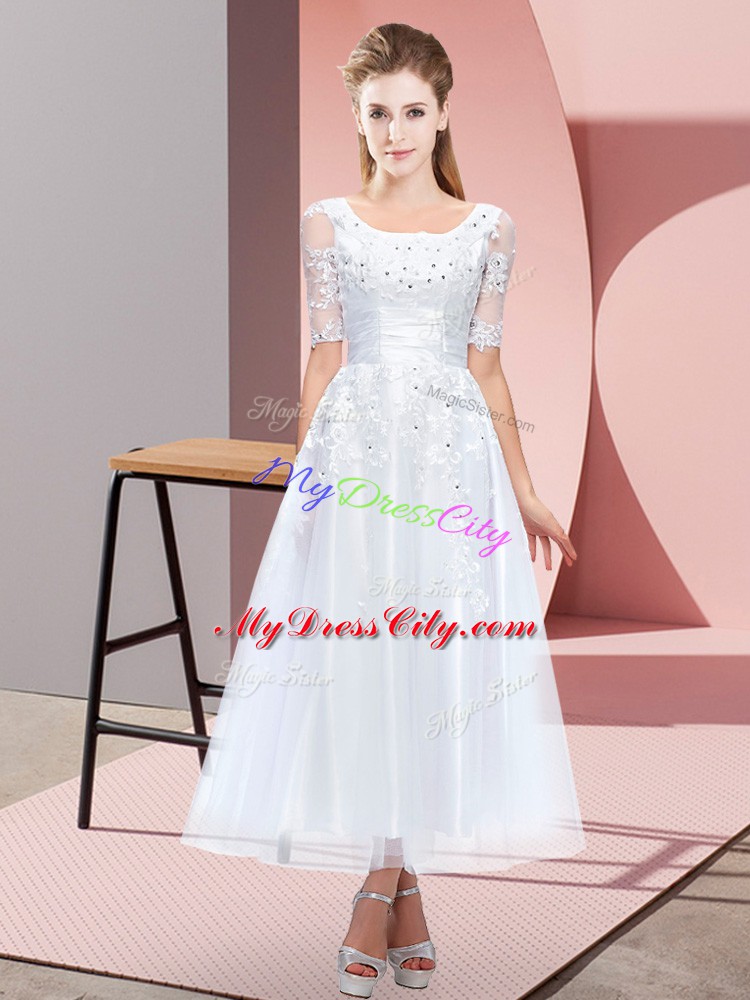 Dazzling Scoop Short Sleeves Bridesmaid Dress Tea Length Beading and Lace White Tulle