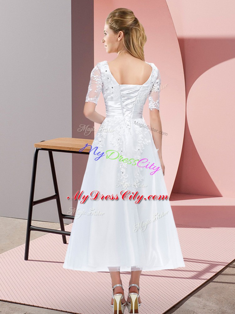 Dazzling Scoop Short Sleeves Bridesmaid Dress Tea Length Beading and Lace White Tulle