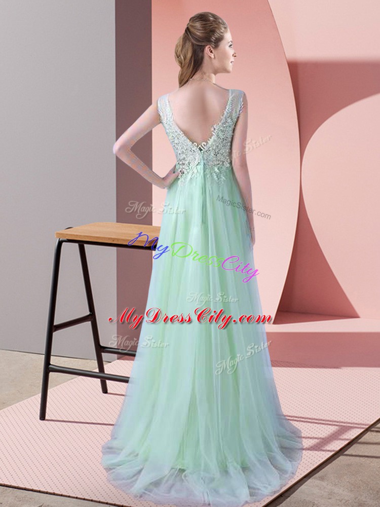 Apple Green Tulle Zipper Scoop Sleeveless Bridesmaids Dress Brush Train Beading and Lace