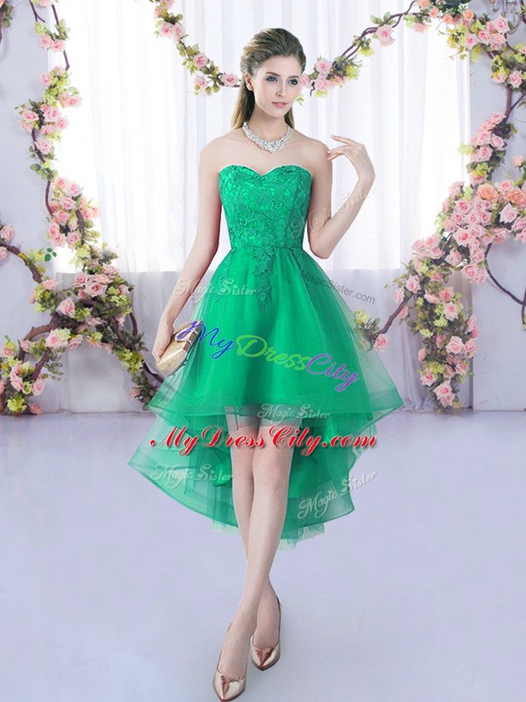 Turquoise A-line Sweetheart Sleeveless Tulle High Low Lace Up Lace Bridesmaid Dresses
