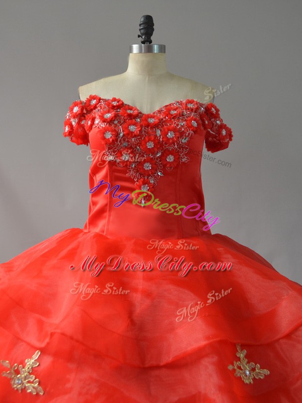 Off The Shoulder Sleeveless Quinceanera Dresses Court Train Appliques and Hand Made Flower Red Organza