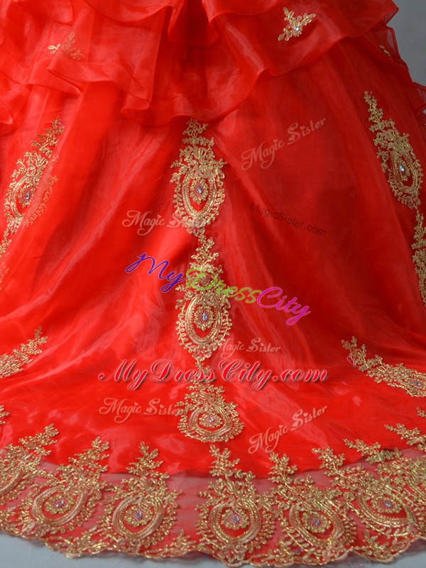 Off The Shoulder Sleeveless Quinceanera Dresses Court Train Appliques and Hand Made Flower Red Organza