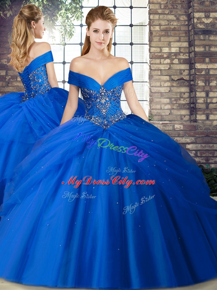 Traditional Off The Shoulder Sleeveless Brush Train Lace Up Quinceanera Gowns Royal Blue Tulle