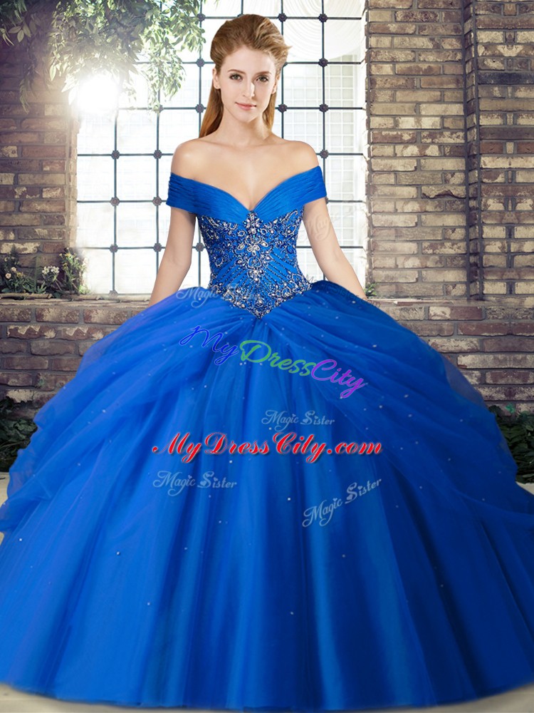 Traditional Off The Shoulder Sleeveless Brush Train Lace Up Quinceanera Gowns Royal Blue Tulle