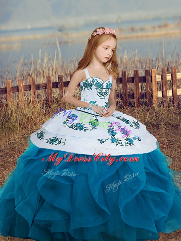 Hot Sale Blue Girls Pageant Dresses Party and Wedding Party with Embroidery and Ruffles Straps Sleeveless Lace Up
