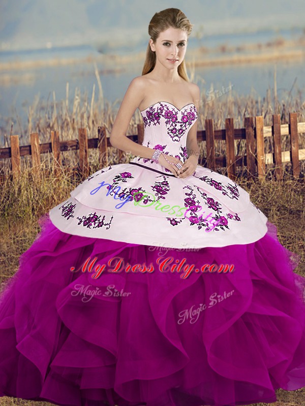 Stunning Sweetheart Sleeveless Tulle Vestidos de Quinceanera Embroidery and Ruffles and Bowknot Lace Up