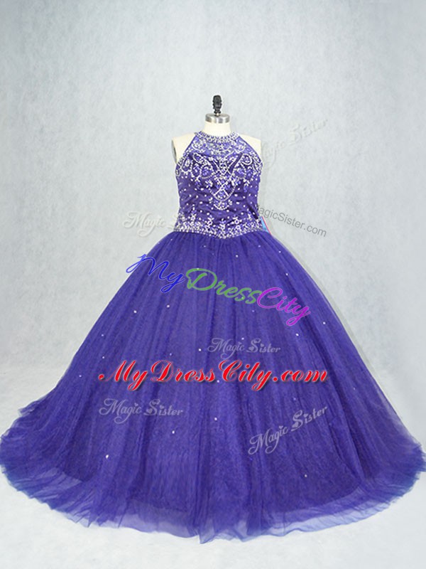 New Arrival Purple Ball Gowns Beading Quinceanera Gowns Lace Up Tulle Sleeveless