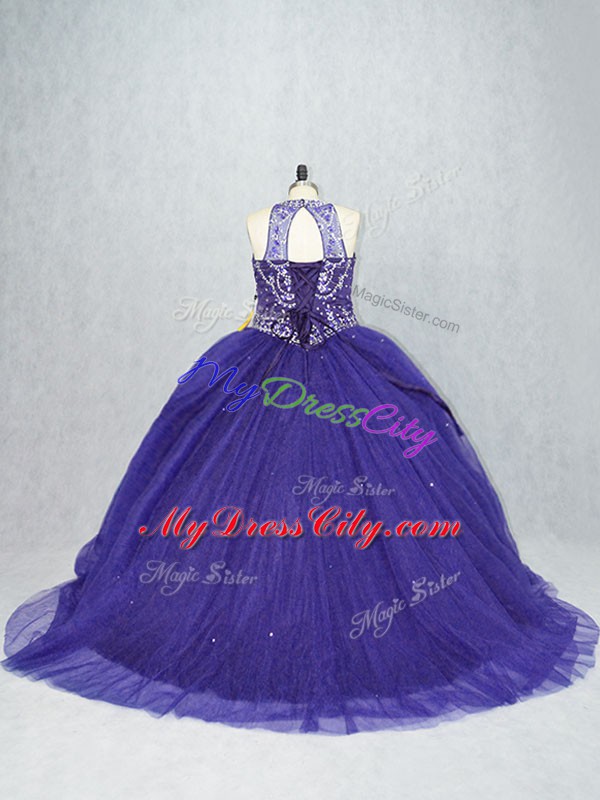 New Arrival Purple Ball Gowns Beading Quinceanera Gowns Lace Up Tulle Sleeveless