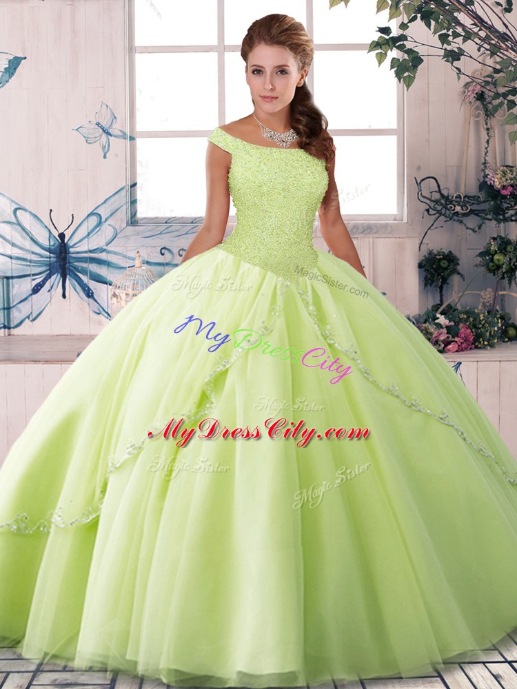 Fine Yellow Green Tulle Lace Up Ball Gown Prom Dress Sleeveless Brush Train Beading