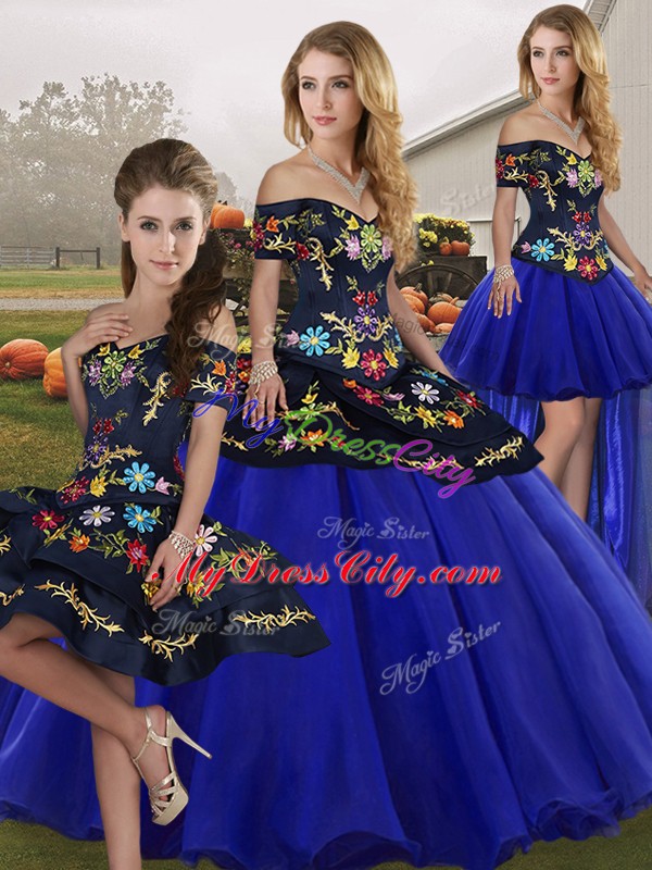 Royal Blue Sleeveless Floor Length Embroidery Lace Up 15 Quinceanera Dress