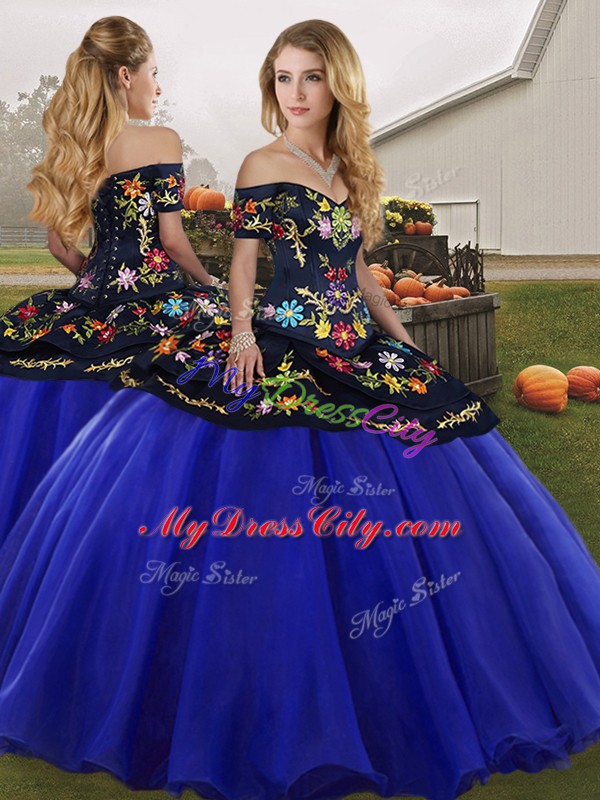 Royal Blue Sleeveless Floor Length Embroidery Lace Up 15 Quinceanera Dress