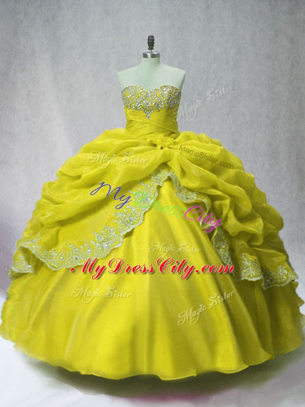 Olive Green Lace Up Sweet 16 Dresses Beading and Appliques and Pick Ups Sleeveless Floor Length