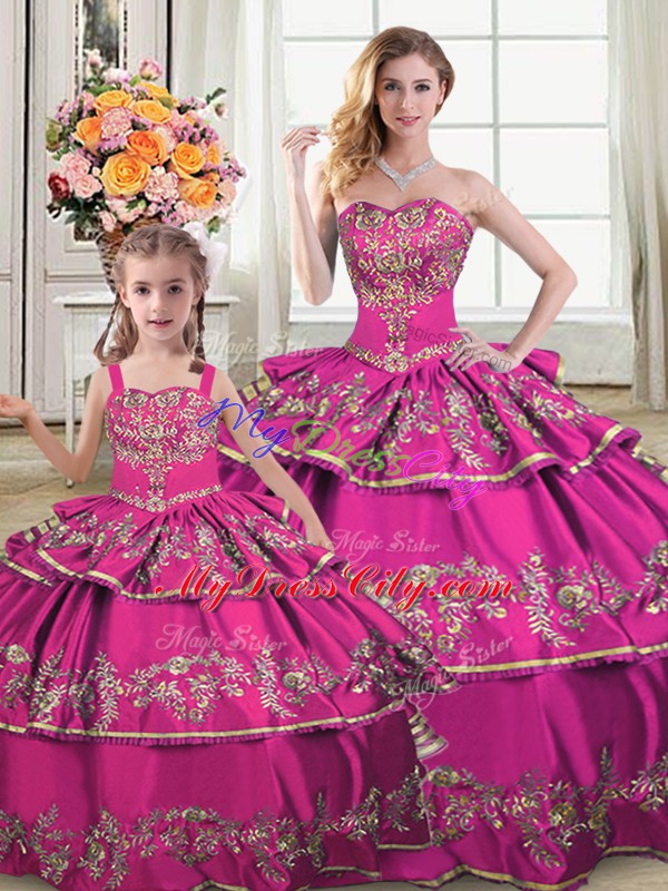 Amazing Fuchsia Ball Gowns Satin and Organza Sweetheart Sleeveless Ruffled Layers Floor Length Lace Up Quince Ball Gowns