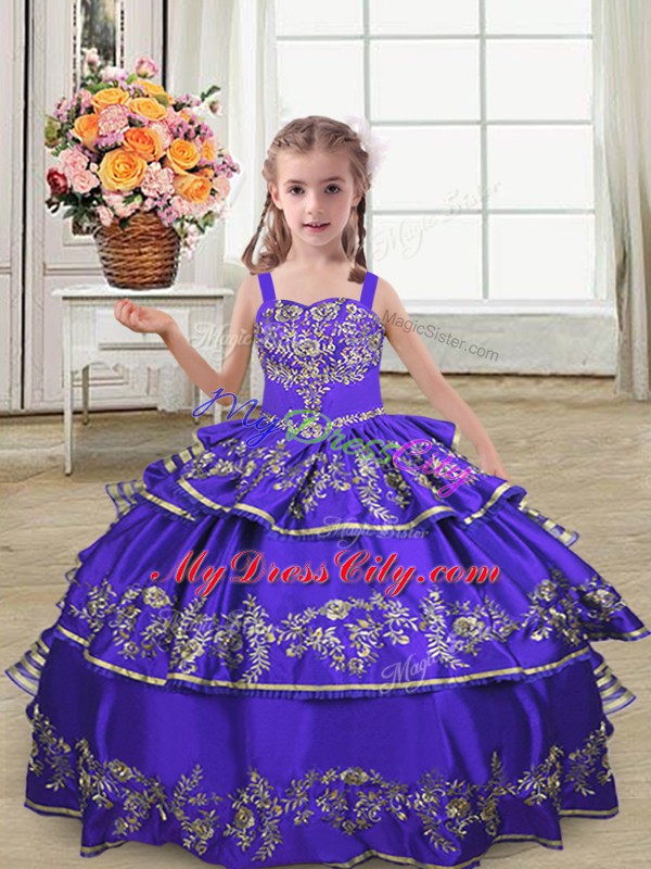 Purple Straps Neckline Embroidery and Ruffled Layers Pageant Dress Wholesale Sleeveless Lace Up