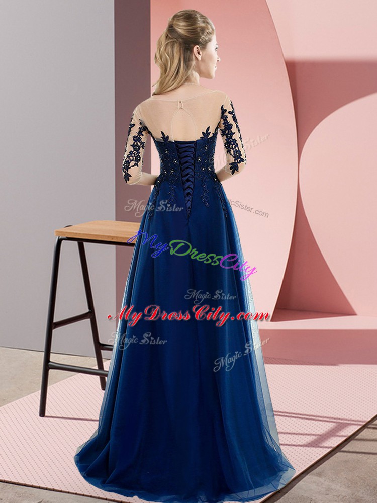 Green Empire Bateau Half Sleeves Chiffon Floor Length Lace Up Beading and Lace Bridesmaid Gown