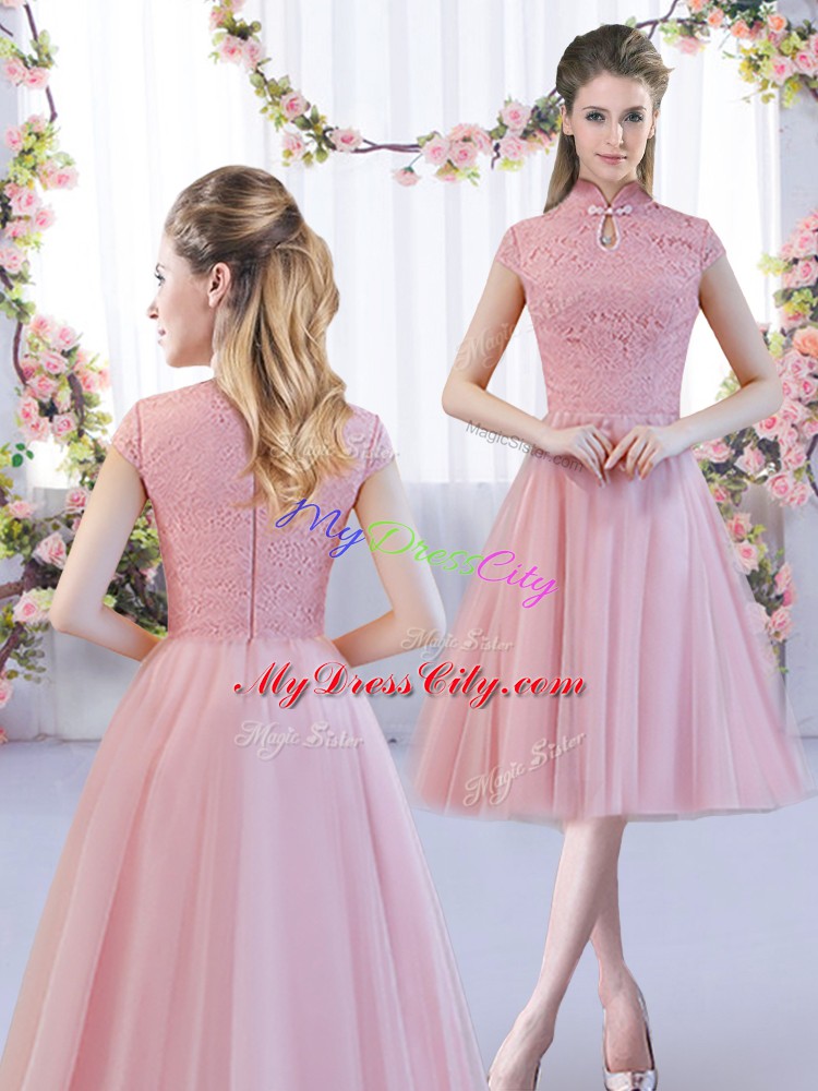 Wonderful Pink Cap Sleeves Tulle Zipper Wedding Party Dress for Wedding Party