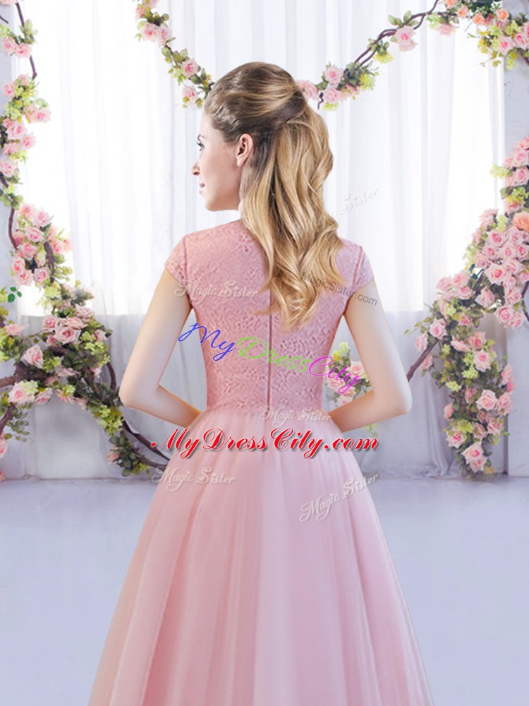 Wonderful Pink Cap Sleeves Tulle Zipper Wedding Party Dress for Wedding Party