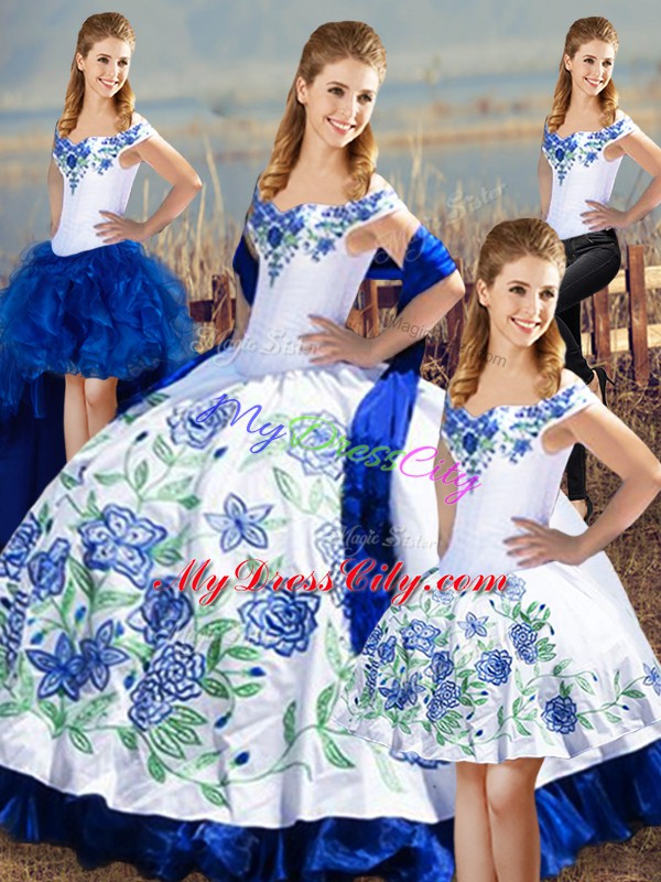 Off The Shoulder Sleeveless Lace Up Quince Ball Gowns Blue And White Satin