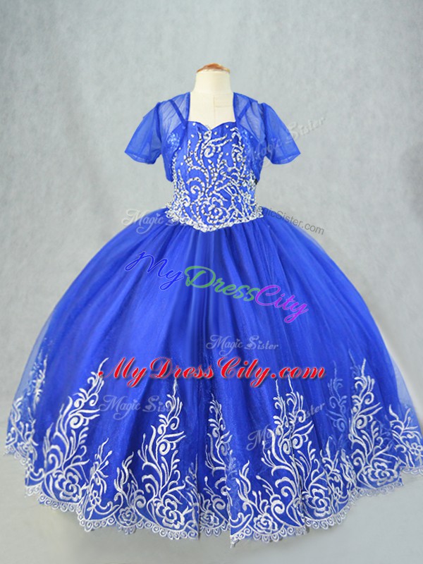 Most Popular Royal Blue Spaghetti Straps Lace Up Beading and Embroidery Glitz Pageant Dress Sleeveless