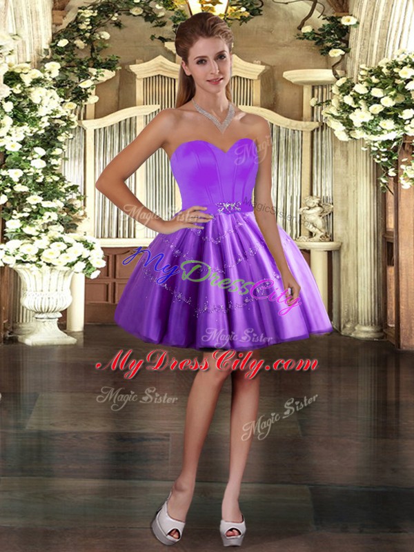 Purple Ball Gowns Tulle Sweetheart Sleeveless Appliques Mini Length Lace Up Red Carpet Gowns