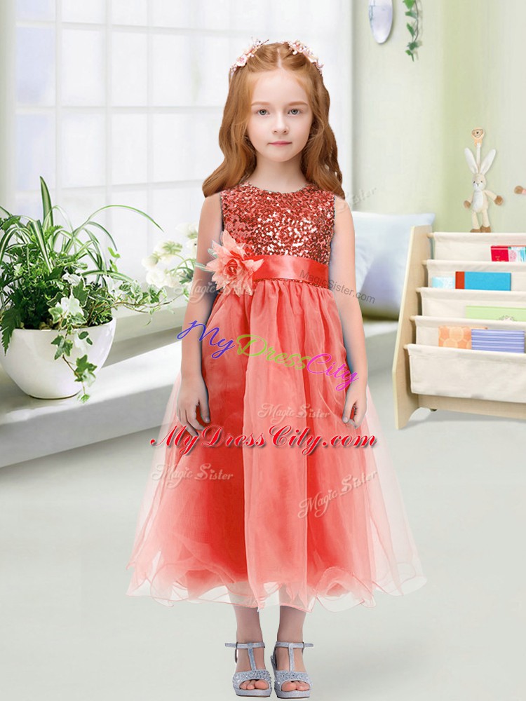 Sleeveless Zipper Tea Length Sequins and Hand Made Flower Toddler Flower Girl Dress