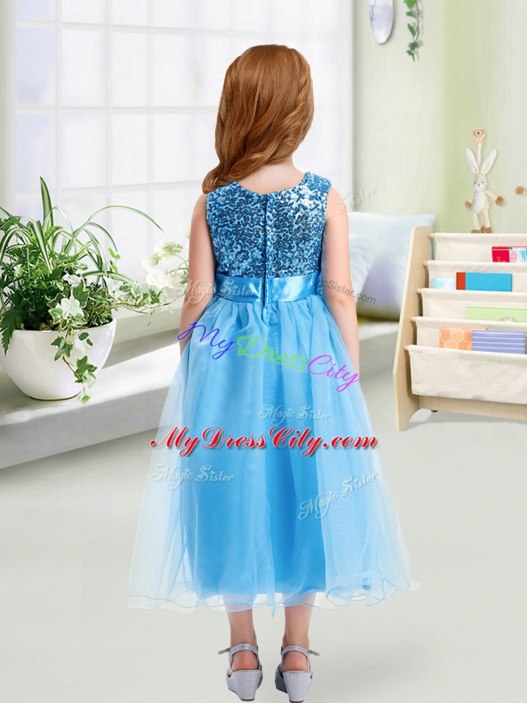 Sleeveless Zipper Tea Length Sequins and Hand Made Flower Toddler Flower Girl Dress