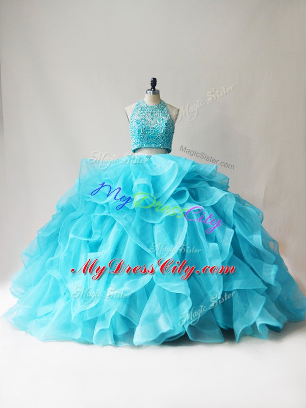 Fantastic Sleeveless Beading and Ruffles Lace Up Quince Ball Gowns
